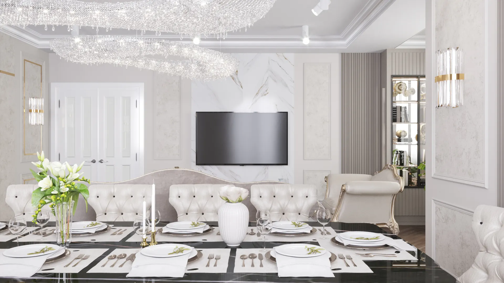 Гостиная в квартире в неоклассике, 209 м²